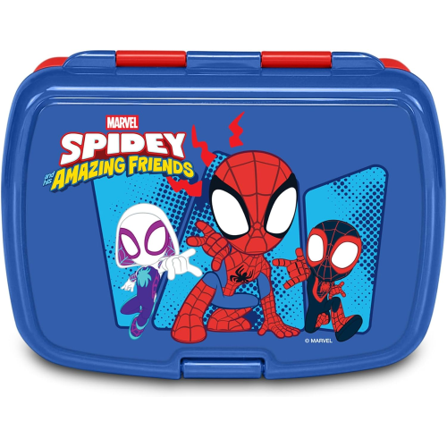 SEVEN SET PORTAMERENDA + BORRACCIA SPIDEY BLU AMAZING FRIENDS, Divisorio interno, Borraccia 460ml ermetica, Facile da aprire