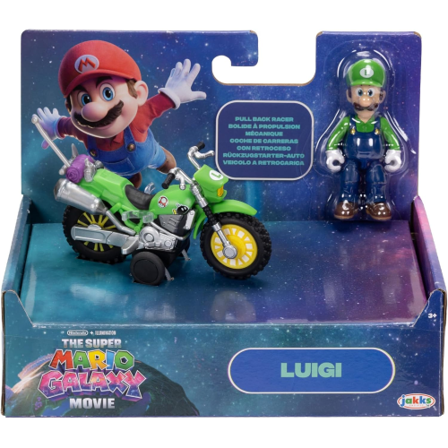 JAKKS 43234 SUPER MARIO GALAXI MOVIE, Action figure di LUIGI con la moto alta 6,35 cm, con licenza ufficiale, 9 punti di articolazione