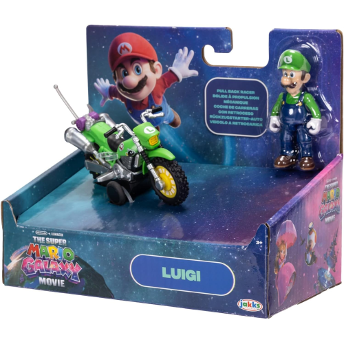 JAKKS 43234 SUPER MARIO GALAXI MOVIE, Action figure di LUIGI con la moto alta 6,35 cm, con licenza ufficiale, 9 punti di articolazione