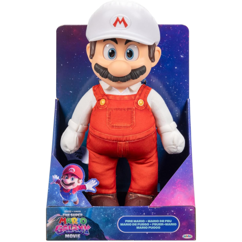 JAKKS 43236 SUPER MARIO GALAXI MOVIE, Peluche snodabile di Fire Mario 35,5 cm,con testa scolpita di Roto