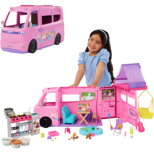 BARBIE CAMPER DEI SOGNI NEW HRJ78 con oltre 60 accessori e pasta modellabile, effetto cambia colore