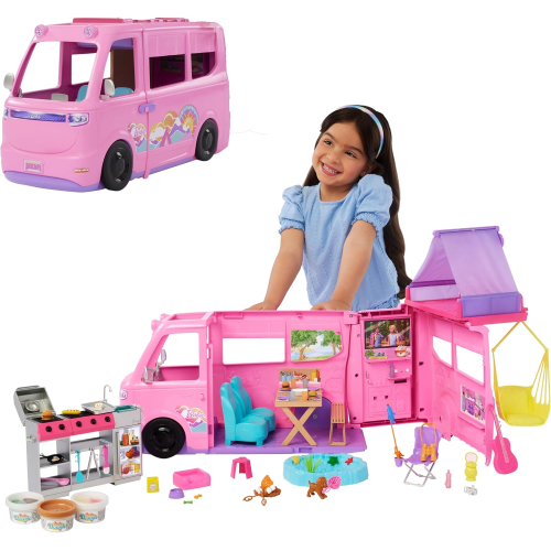 BARBIE CAMPER DEI SOGNI NEW HRJ78 con oltre 60 accessori e pasta modellabile, effetto cambia colore