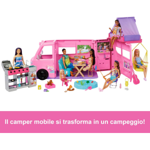 BARBIE CAMPER DEI SOGNI NEW HRJ78 con oltre 60 accessori e pasta modellabile, effetto cambia colore