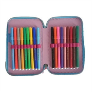 DISNEY FROZEN ASTUCCIO TRIPLO, Celeste e Fucsia 3 Piani Kit Scuola 43 Pezzi Completo Colori Giotto Anna e Elsa