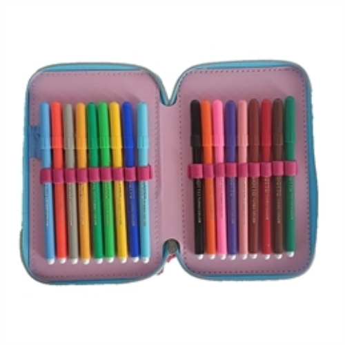 DISNEY FROZEN ASTUCCIO TRIPLO, Celeste e Fucsia 3 Piani Kit Scuola 43 Pezzi Completo Colori Giotto Anna e Elsa