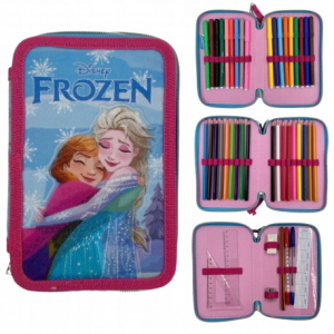 DISNEY FROZEN ASTUCCIO TRIPLO, Celeste e Fucsia 3 Piani Kit Scuola 43 Pezzi Completo Colori Giotto Anna e Elsa
