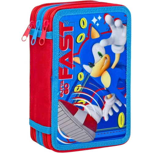SONIC ASTUCCIO TRIPLO ZIP, 44 Pezzi Inclusi, Penne, Matite, Pennarelli, Pastelli, Forbici – Scuola Elementare e Regalo 