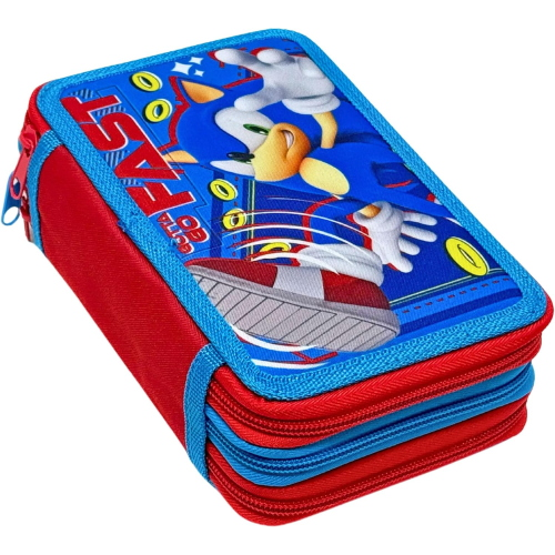 SONIC ASTUCCIO TRIPLO ZIP, 44 Pezzi Inclusi, Penne, Matite, Pennarelli, Pastelli, Forbici – Scuola Elementare e Regalo 