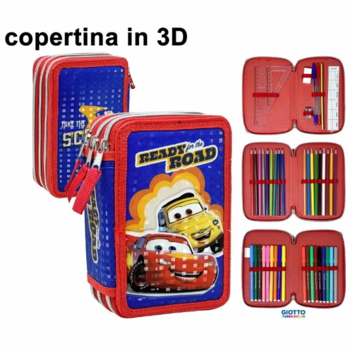 DISNEY CARS ASTUCCIO TRIPLO ZIP, 44 Pezzi Inclusi, Penne, Matite, Pennarelli, Pastelli, Forbici – Scuola Elementare e Regalo 