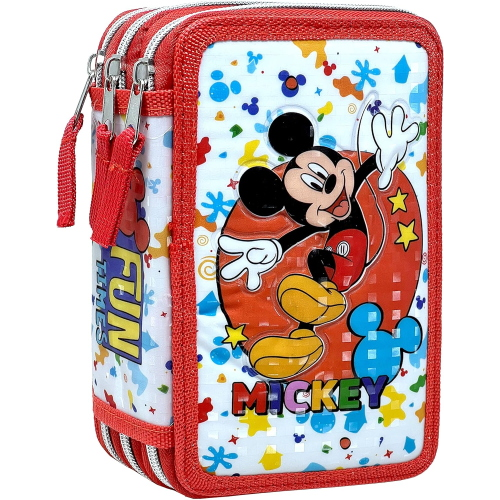 DISNEY TOPOLINO ASTUCCIO TRIPLO ZIP, 44 Pezzi Inclusi, Penne, Matite, Pennarelli, Pastelli, Forbici – Scuola Elementare e Regalo 