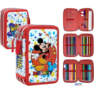 DISNEY TOPOLINO ASTUCCIO TRIPLO ZIP, 44 Pezzi Inclusi, Penne, Matite, Pennarelli, Pastelli, Forbici – Scuola Elementare e Regalo 