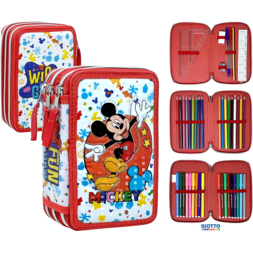 DISNEY TOPOLINO ASTUCCIO TRIPLO ZIP, 44 Pezzi Inclusi, Penne, Matite, Pennarelli, Pastelli, Forbici – Scuola Elementare e Regalo 