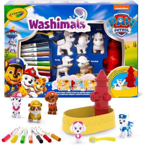 CRAYOLA 74-0291 WASHIMALS Paw Patrol, Set Attività con 5 Cuccioli, 8 Pennarelli Lavabili, Vasca, Spazzolina, per Bambini 3 Anni +