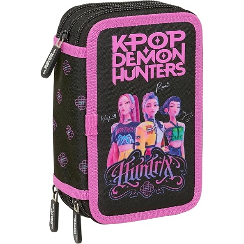 K-POP DEMON HUNTERS ASTUCCIO 3 ZIP NERO, comodo e versatile, resistenza, 12,5 x 5,5 x 19,5 cm