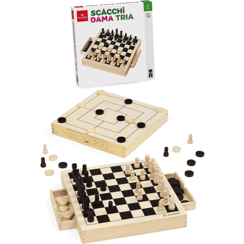 DAL NEGRO 53490 GIOCO SCACCHI/DAMA/TRIA - I tre classici giochi da tavolo in legno - 8 ANNI +