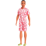 MATTEL HYT99 BARBIE FASHIONISTAS KEN, n. 235,con capelli castani raccolti in trecce, tuta corallo con stampa hawaiana 